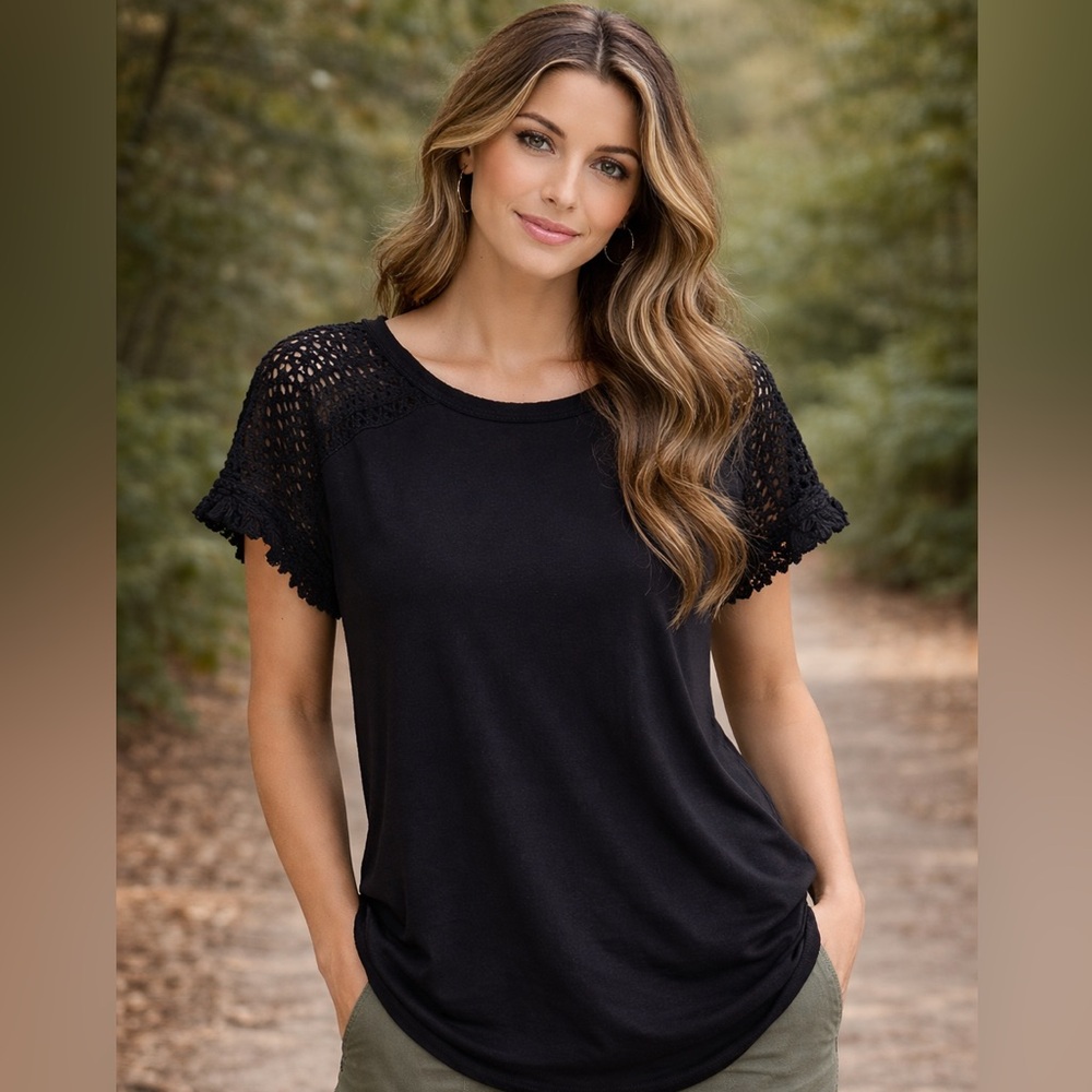 LOFT Black Crochet Lace Sleeve Top | Boho Chic Fringe Detail